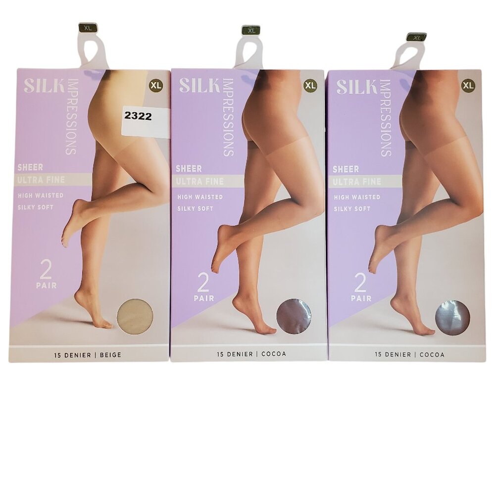 NEW 3 Packs of 2 Pair SZ XL Silk Impressions Ultra Fine Sheer Pantyhose/tights